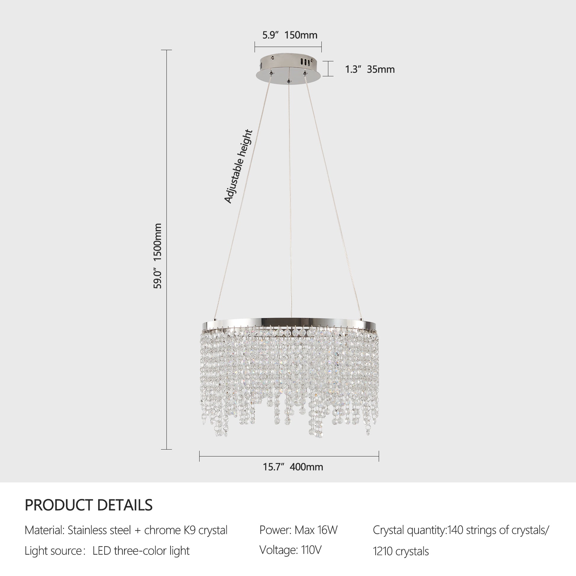 16" Luxury Chrome Crystal LED Chandelier - view 9
