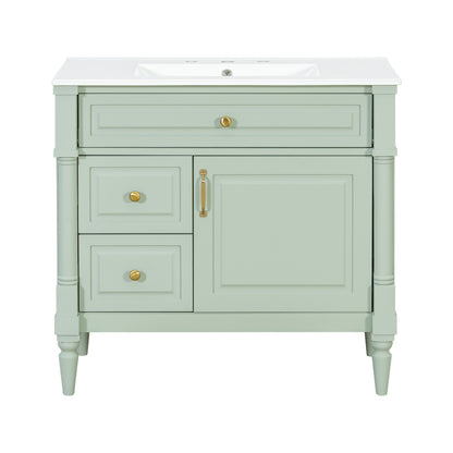 36" Green Bathroom Vanity with Sink, 3 Drawers & Turned Legs