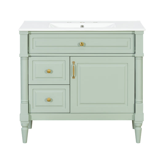 36" Green Bathroom Vanity with Sink, 3 Drawers & Turned Legs