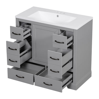 36" Gray Bathroom Vanity with Ceramic Sink and 6 Drawers