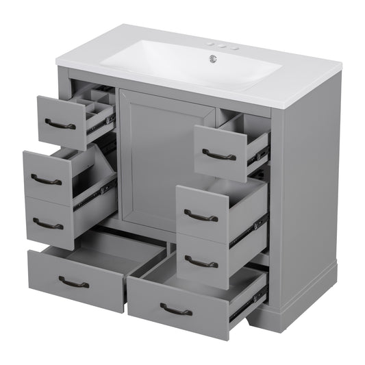 36" Gray Bathroom Vanity with Ceramic Sink and 6 Drawers