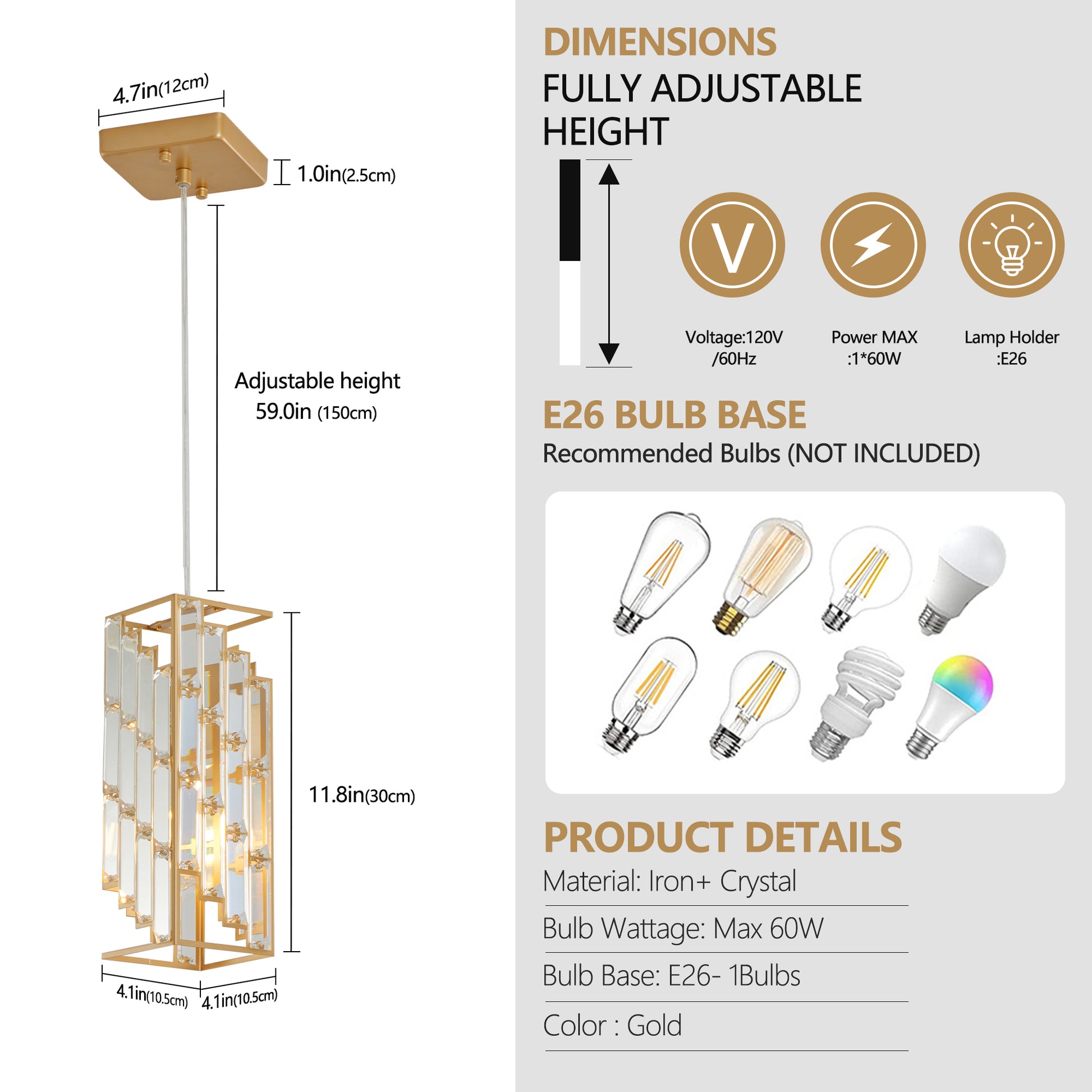 4" Gold Crystal Prism Pendant Light, Set of 3 - view 6