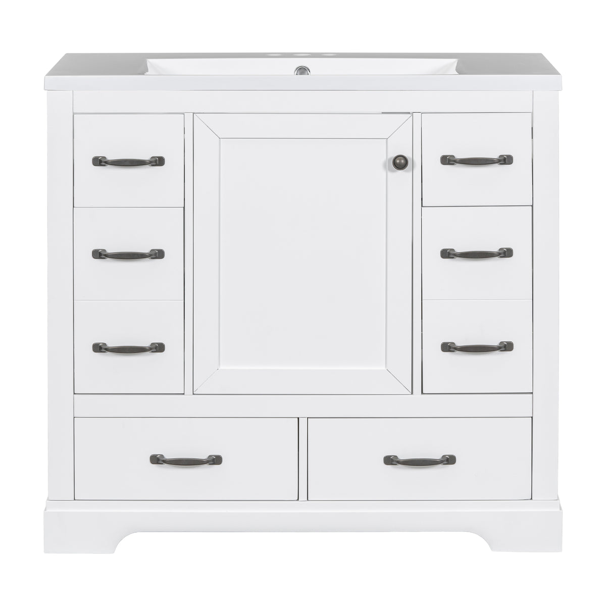 36" White Bathroom Vanity with Ceramic Sink and 6 Drawers