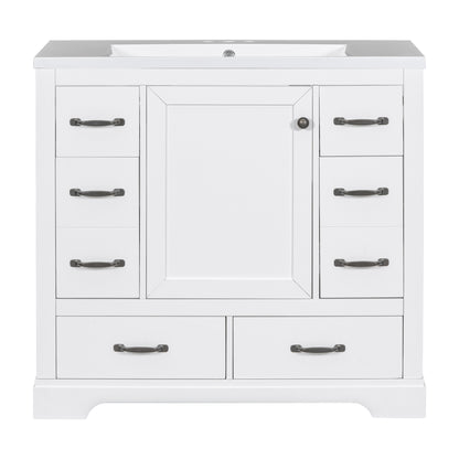 36" White Bathroom Vanity with Ceramic Sink and 6 Drawers