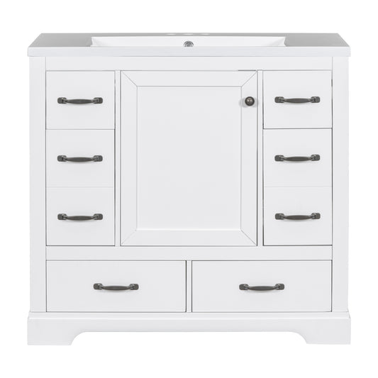 36" White Bathroom Vanity with Ceramic Sink and 6 Drawers