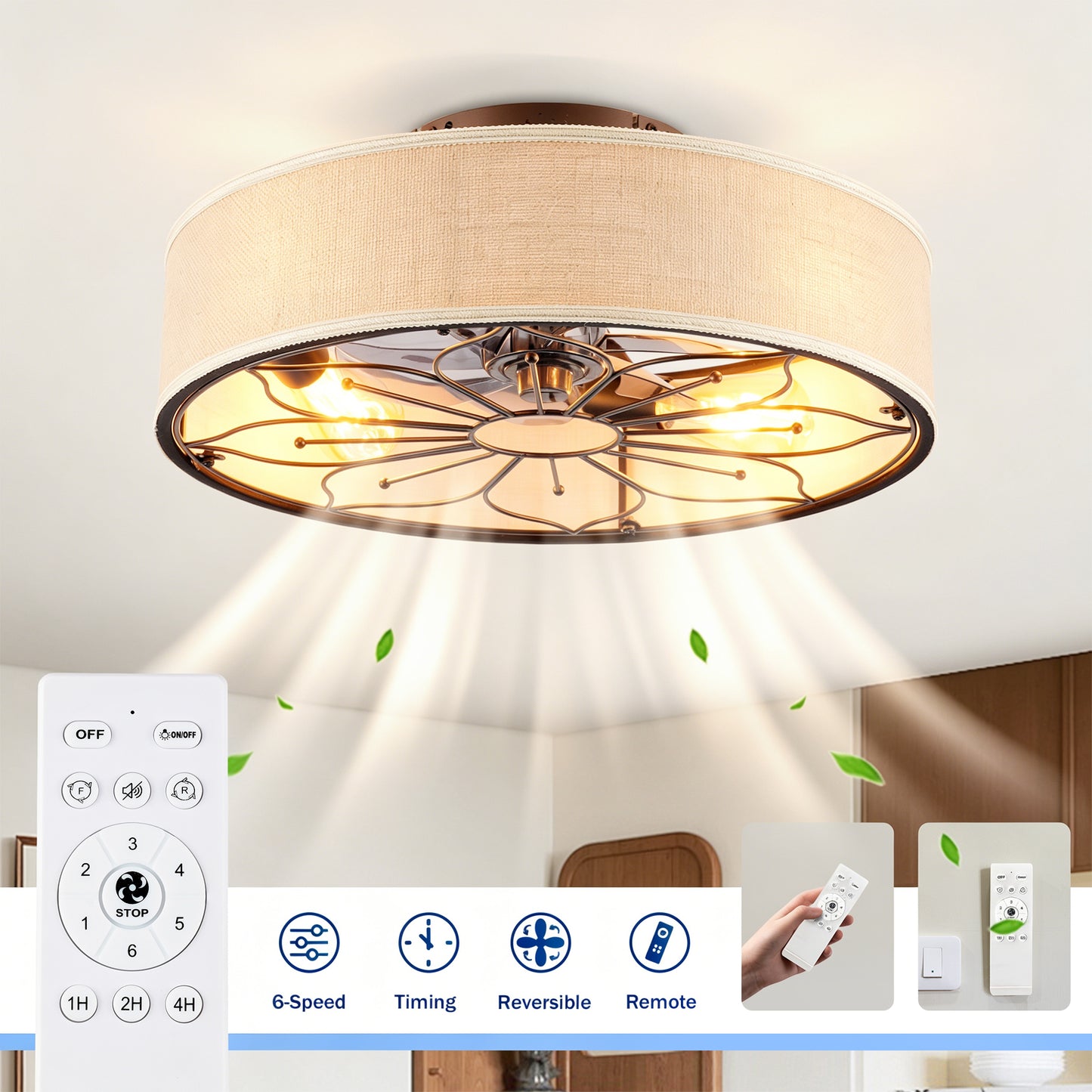 20" Lotus Fabric Farmhouse Bladeless Ceiling Fan with Remote - view 7