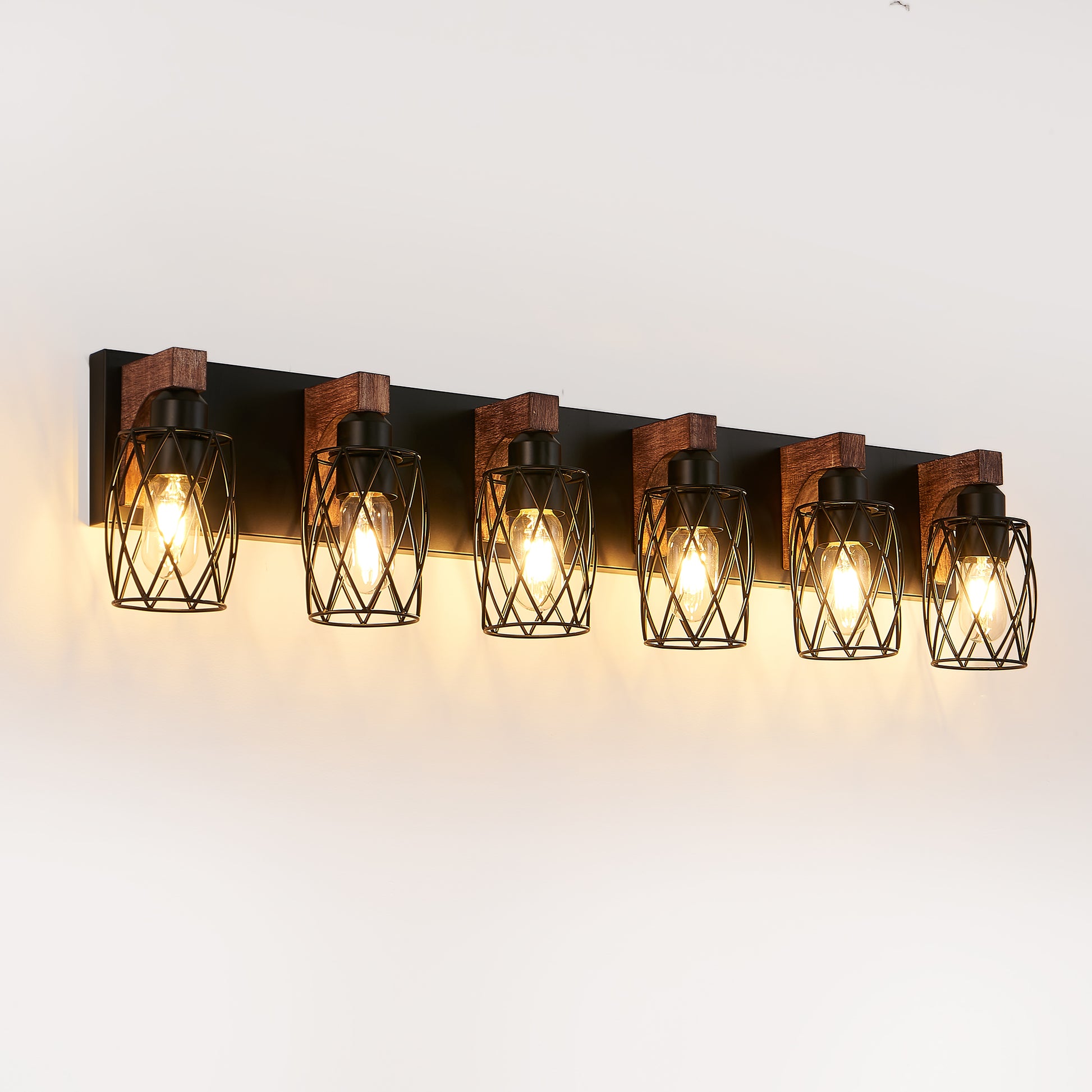 38" 6-Light Caged Industrial Wall Light with Wood Accents - view 10