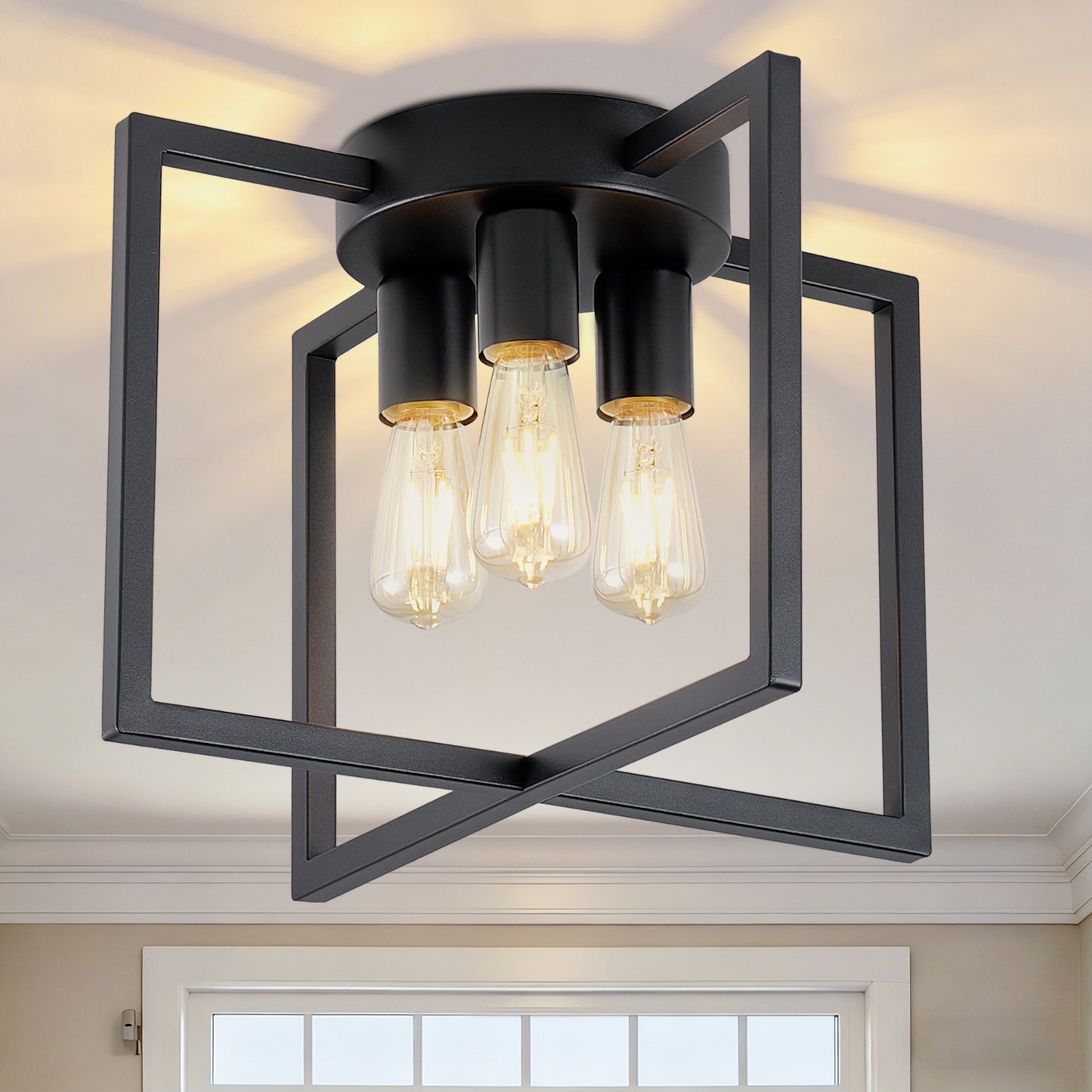 3-Light Black Geometric Farmhouse Semi-Flush Chandelier