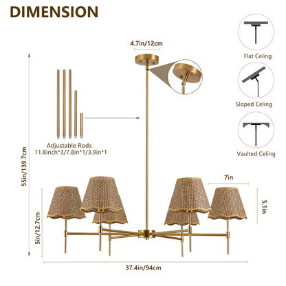 6-Light Gold Boho Rattan Pendant Chandelier - view 7