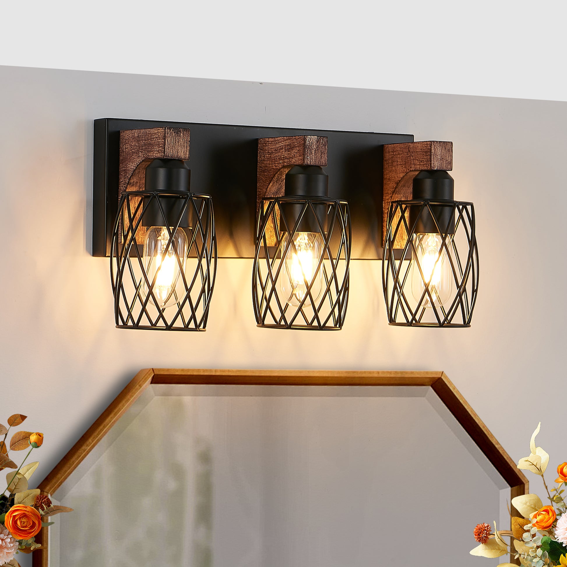 18" 3-Light Black Caged Wall Light with Wood Accents - view 5