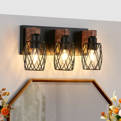 18" 3-Light Black Caged Wall Light with Wood Accents - view 5
