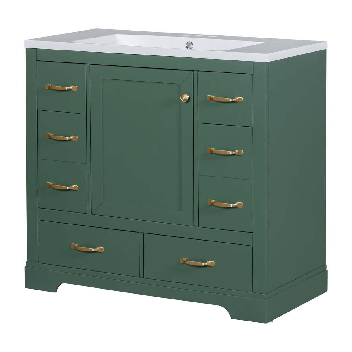 36" Green Bathroom Vanity with Ceramic Sink and 6 Drawers