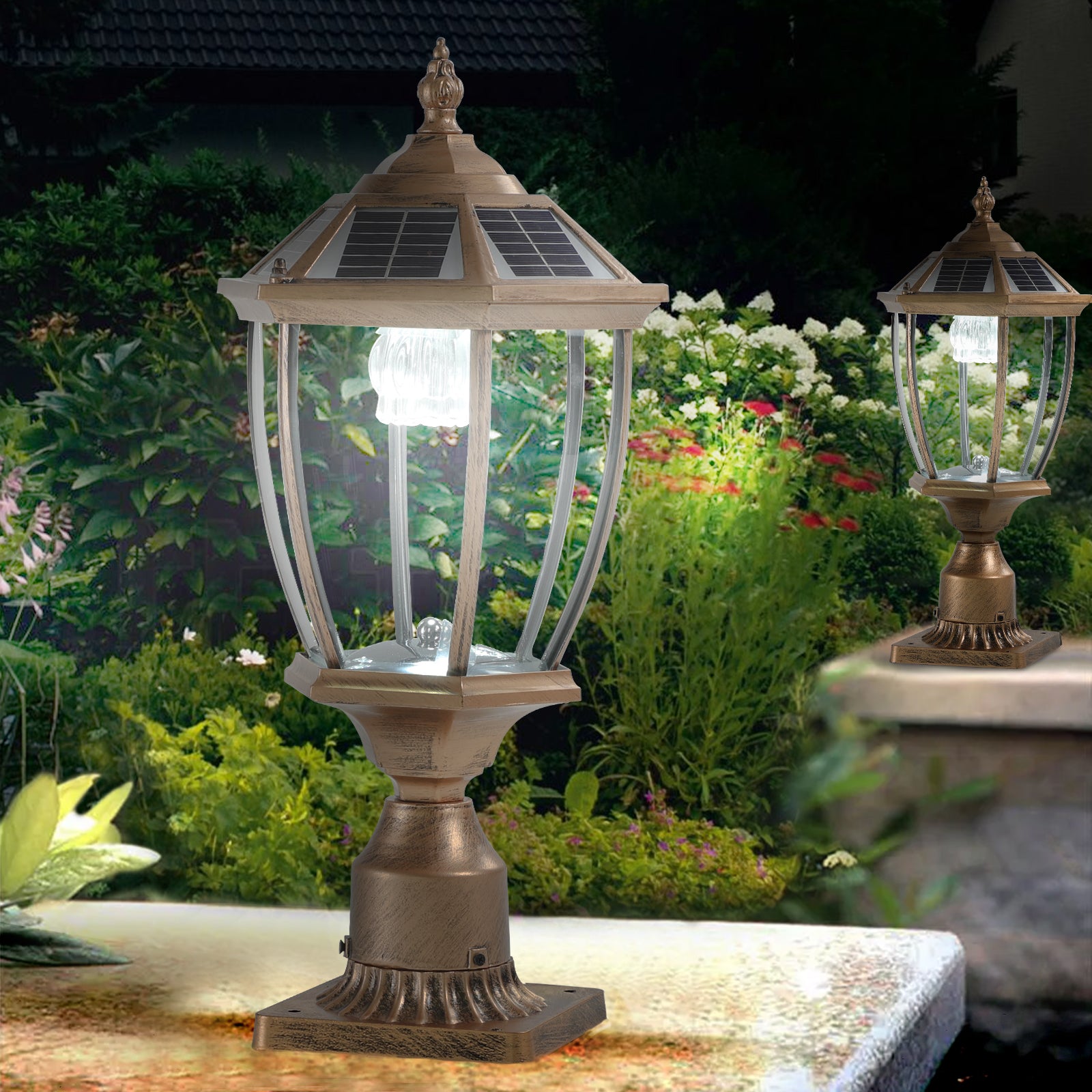 20"H Golden Vintage Solar Outdoor Lantern, Set of 2 - view 4