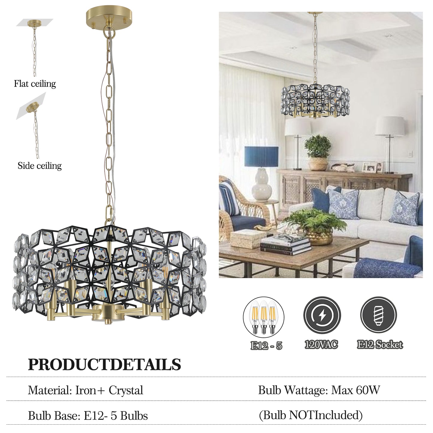 19" Black & Gold Geometric Crystal Chandelier, 5-Light - view 7