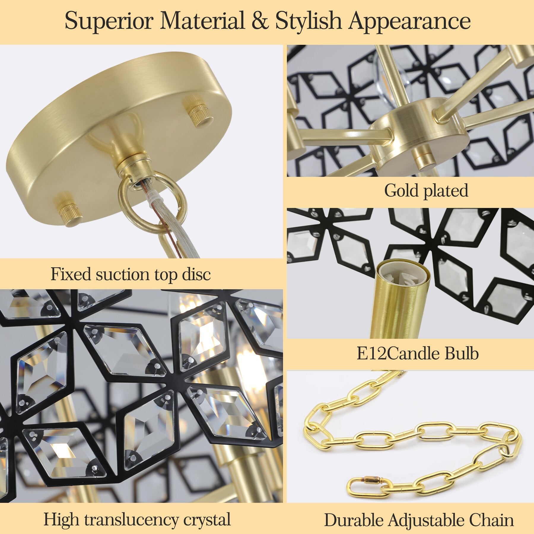 19" Black & Gold Geometric Crystal Chandelier, 5-Light - view 9