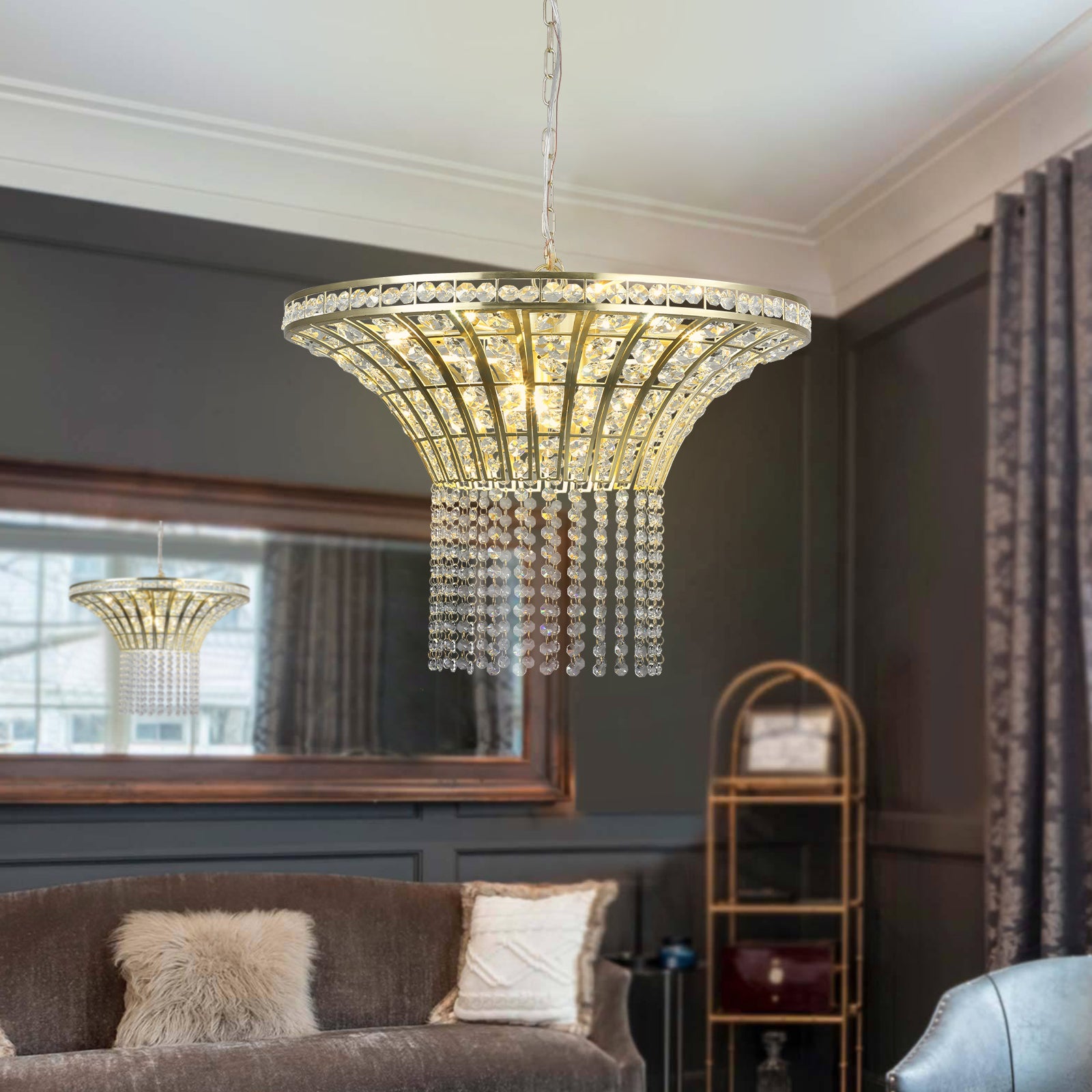 24" Gold Round Crystal Chandelier with Cascading Beads