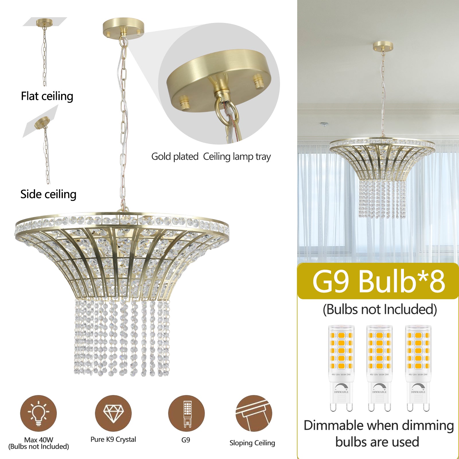24" Gold Round Crystal Chandelier with Cascading Beads - view 7