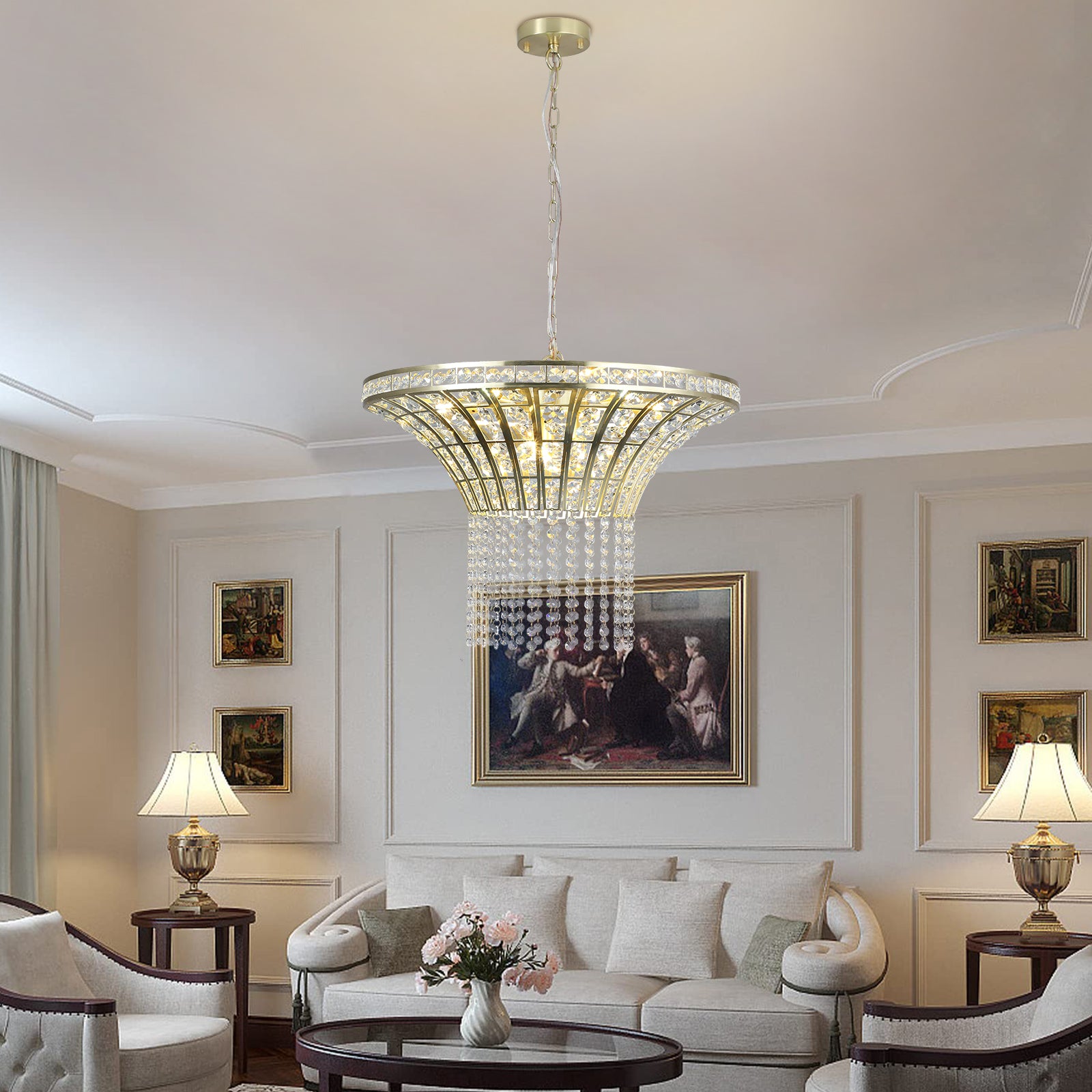 24" Gold Round Crystal Chandelier with Cascading Beads - view 2