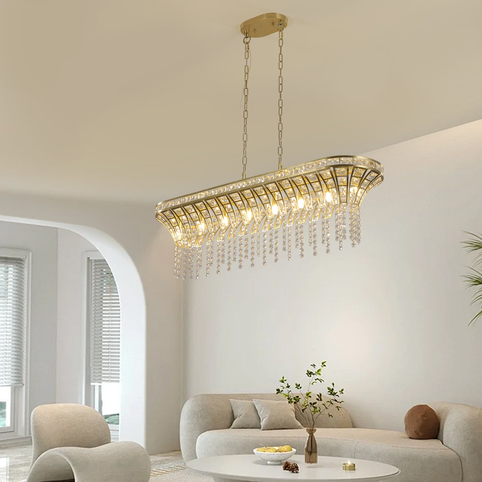 39" Gold Linear Crystal Chandelier with Cascading Beads - view 3