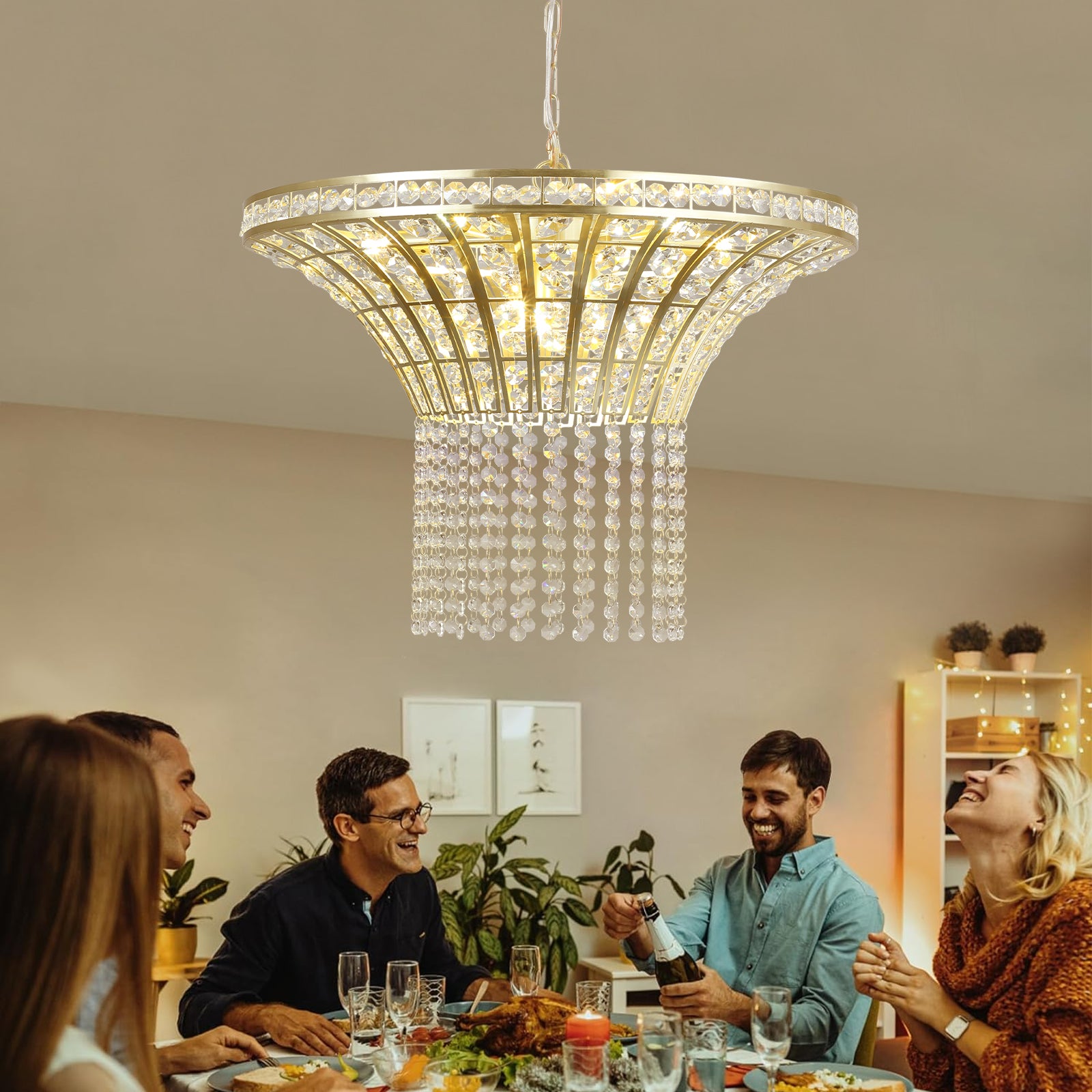 24" Gold Round Crystal Chandelier with Cascading Beads - view 3