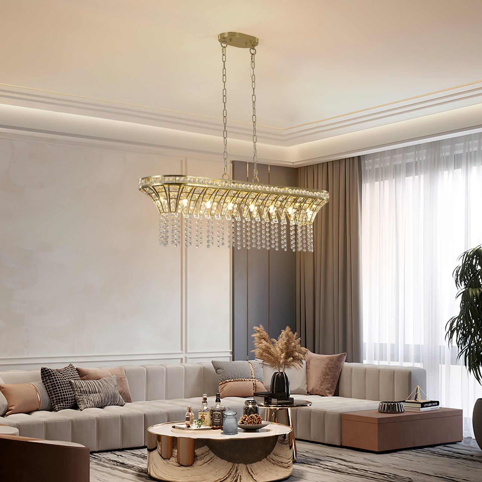 39" Gold Linear Crystal Chandelier with Cascading Beads