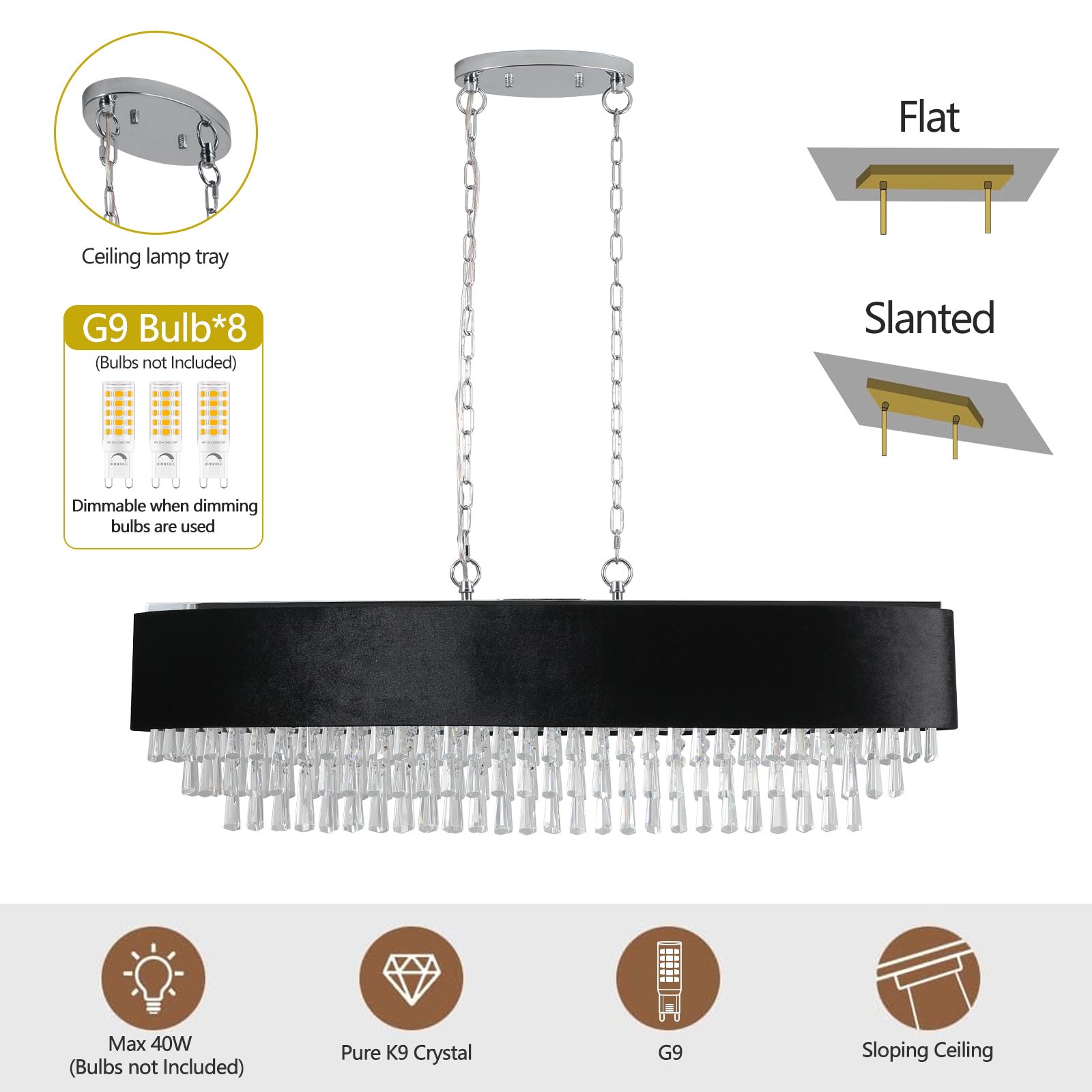 39" 8-Light Crystal Chandelier with Black Velvet Shade - view 6
