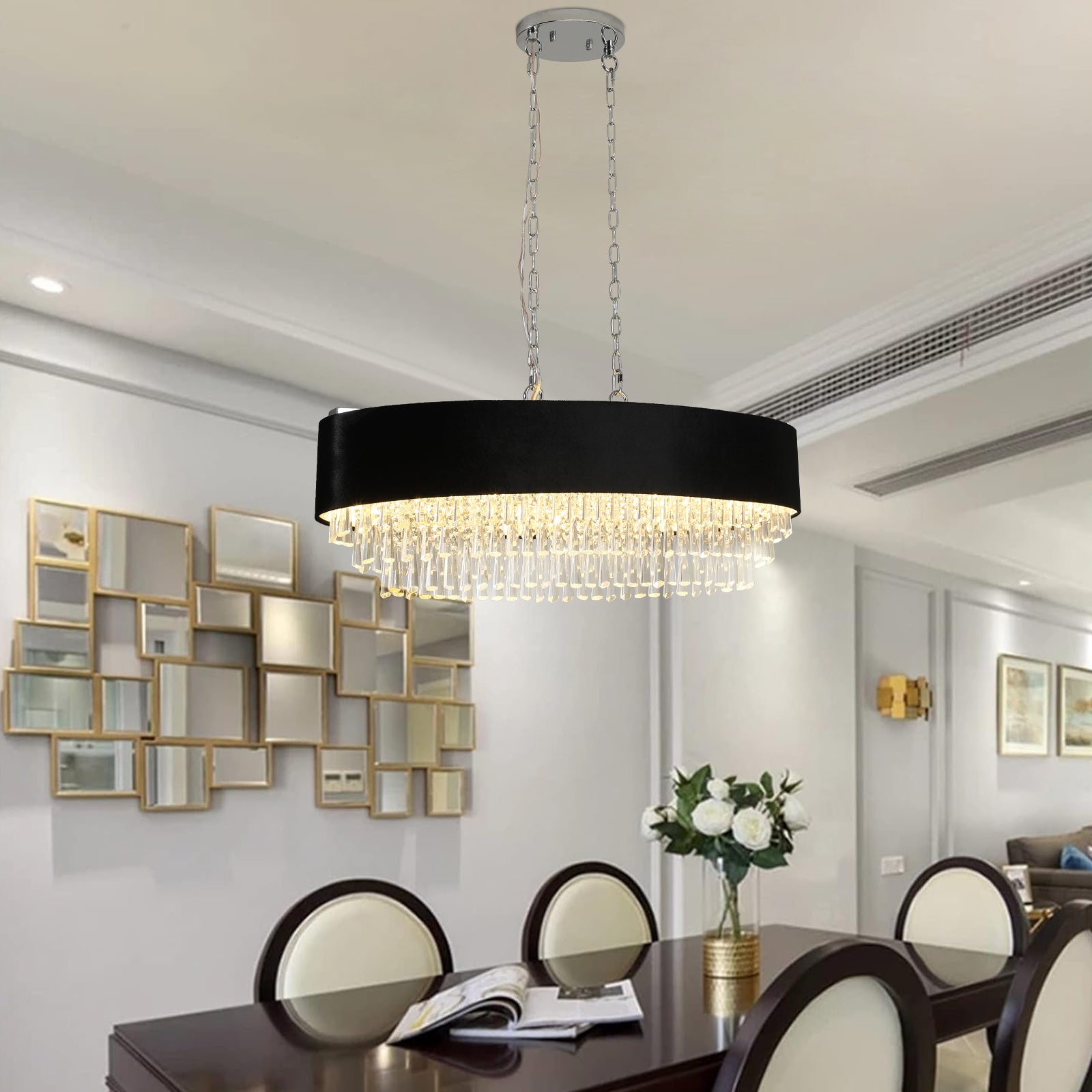 39" 8-Light Crystal Chandelier with Black Velvet Shade