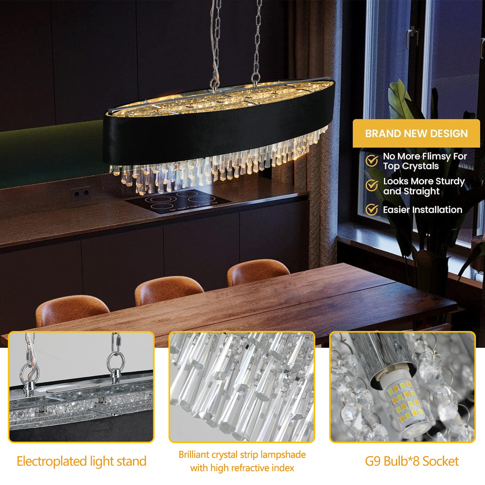 39" 8-Light Crystal Chandelier with Black Velvet Shade - view 5