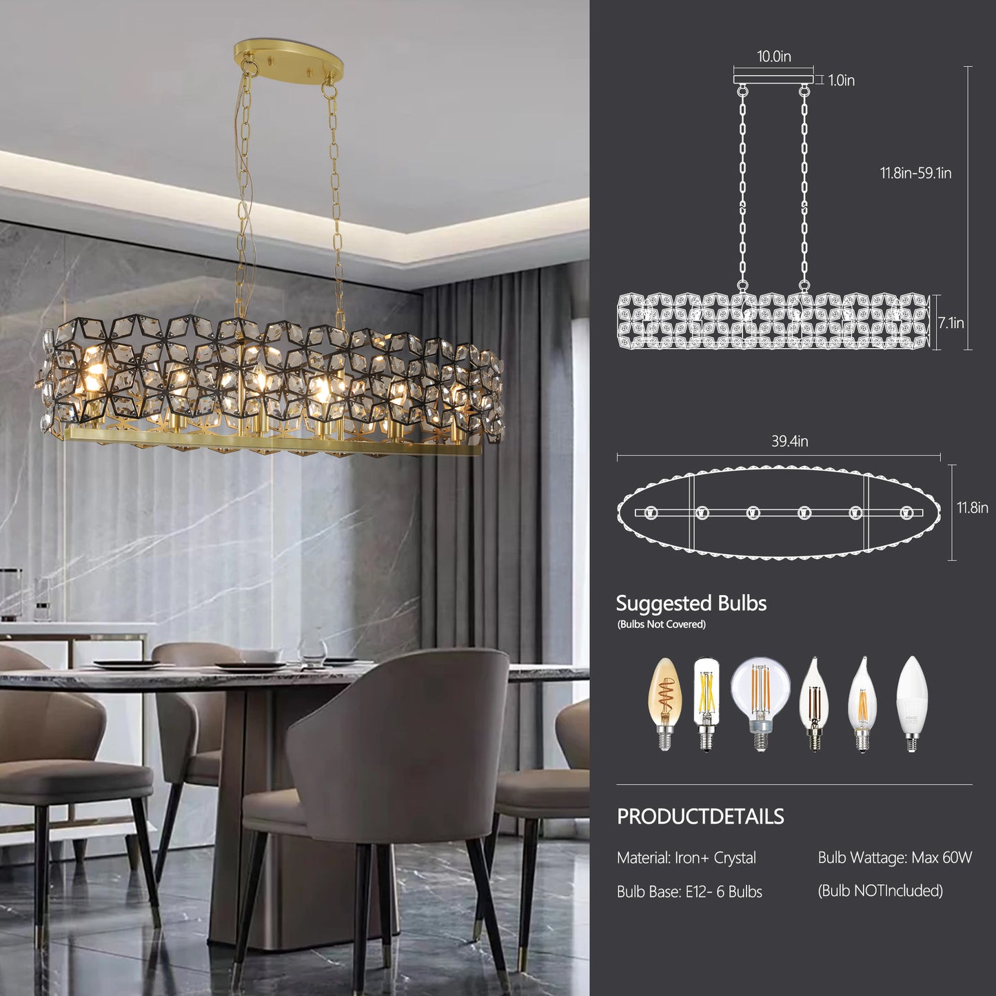 39" Black & Gold Geometric Crystal Chandelier - view 8