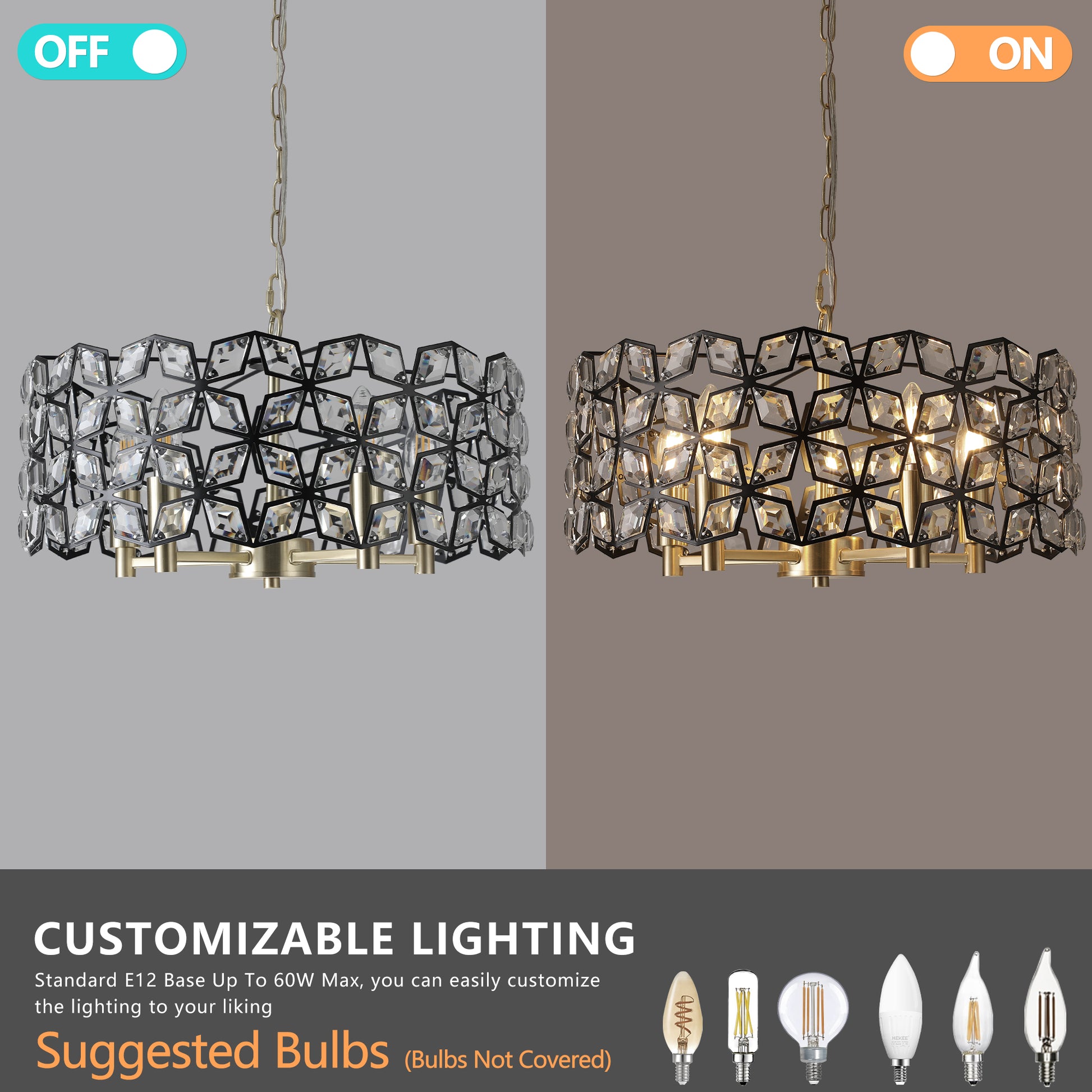 19" Black & Gold Geometric Crystal Chandelier, 5-Light - view 8