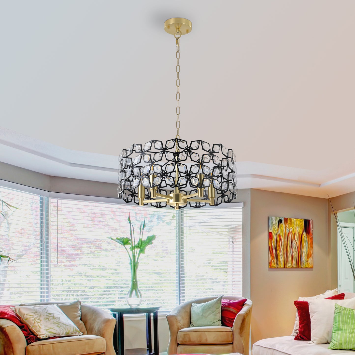 19" Black & Gold Geometric Crystal Chandelier, 5-Light