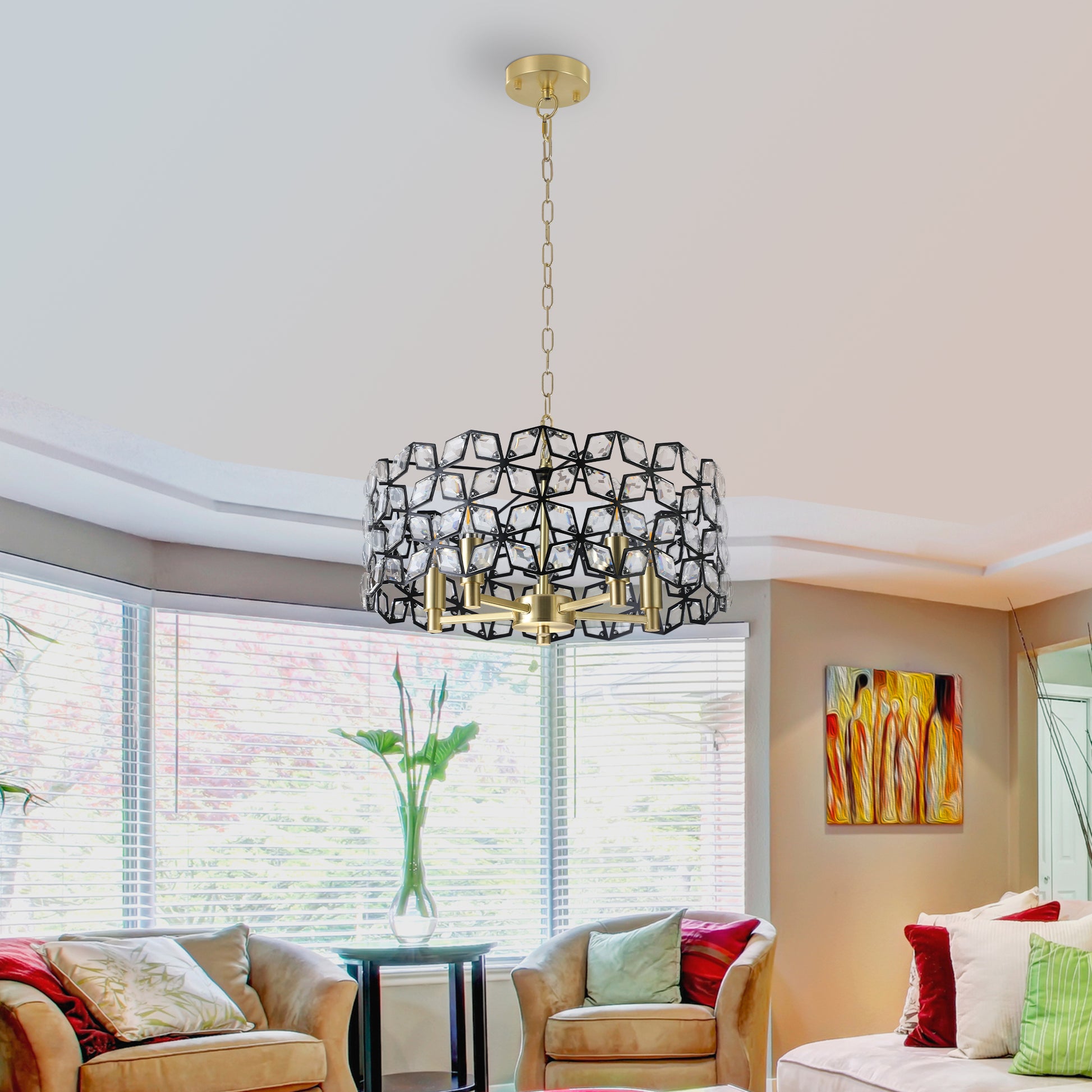 19" Black & Gold Geometric Crystal Chandelier, 5-Light