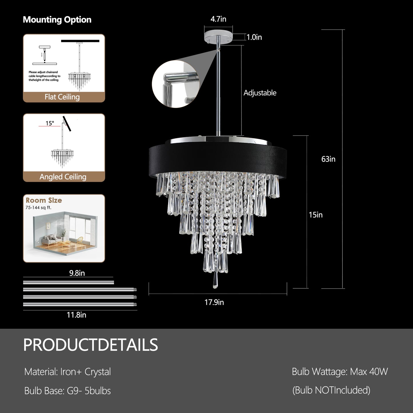 18" 8-Light Crystal Chandelier with Black Velvet Shade - view 9