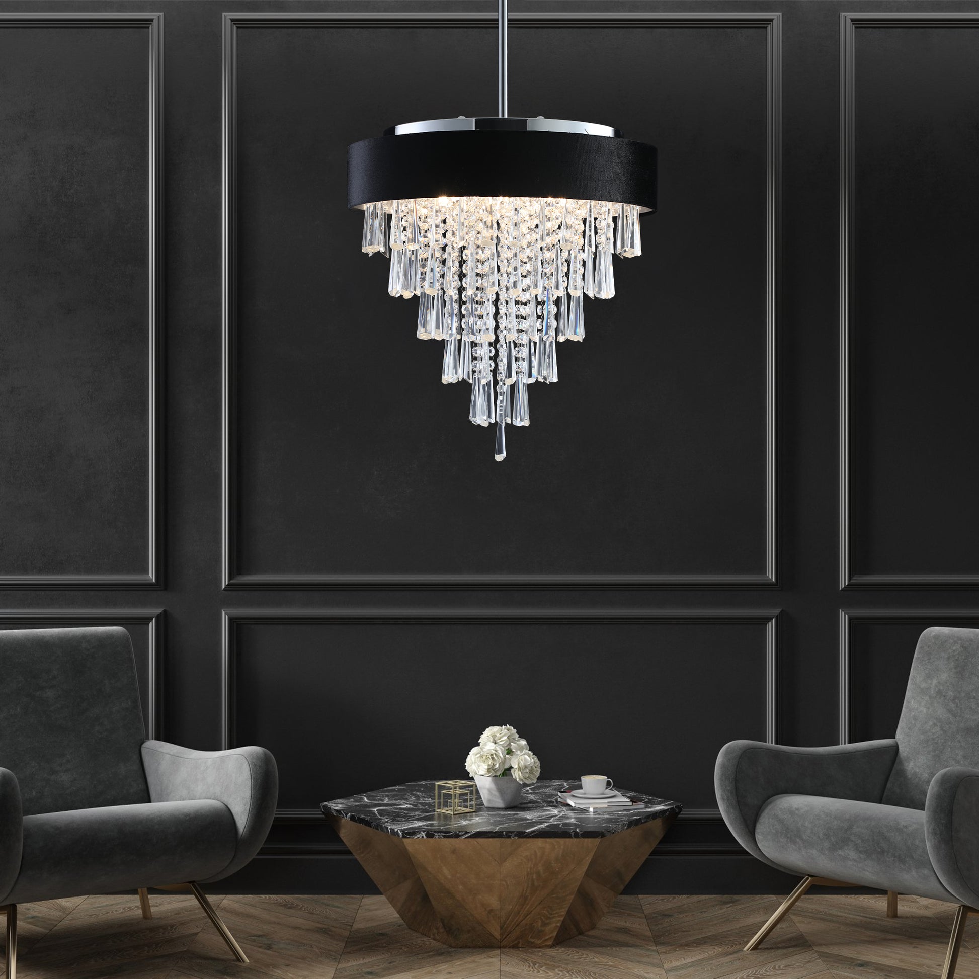 18" 8-Light Crystal Chandelier with Black Velvet Shade
