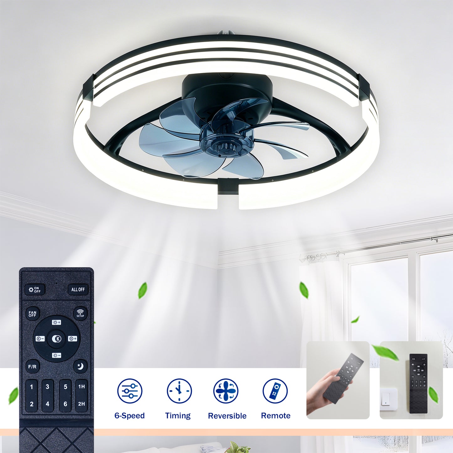 20" Matte Black Flush Mount Ceiling Fan with Dimmable LED - view 9