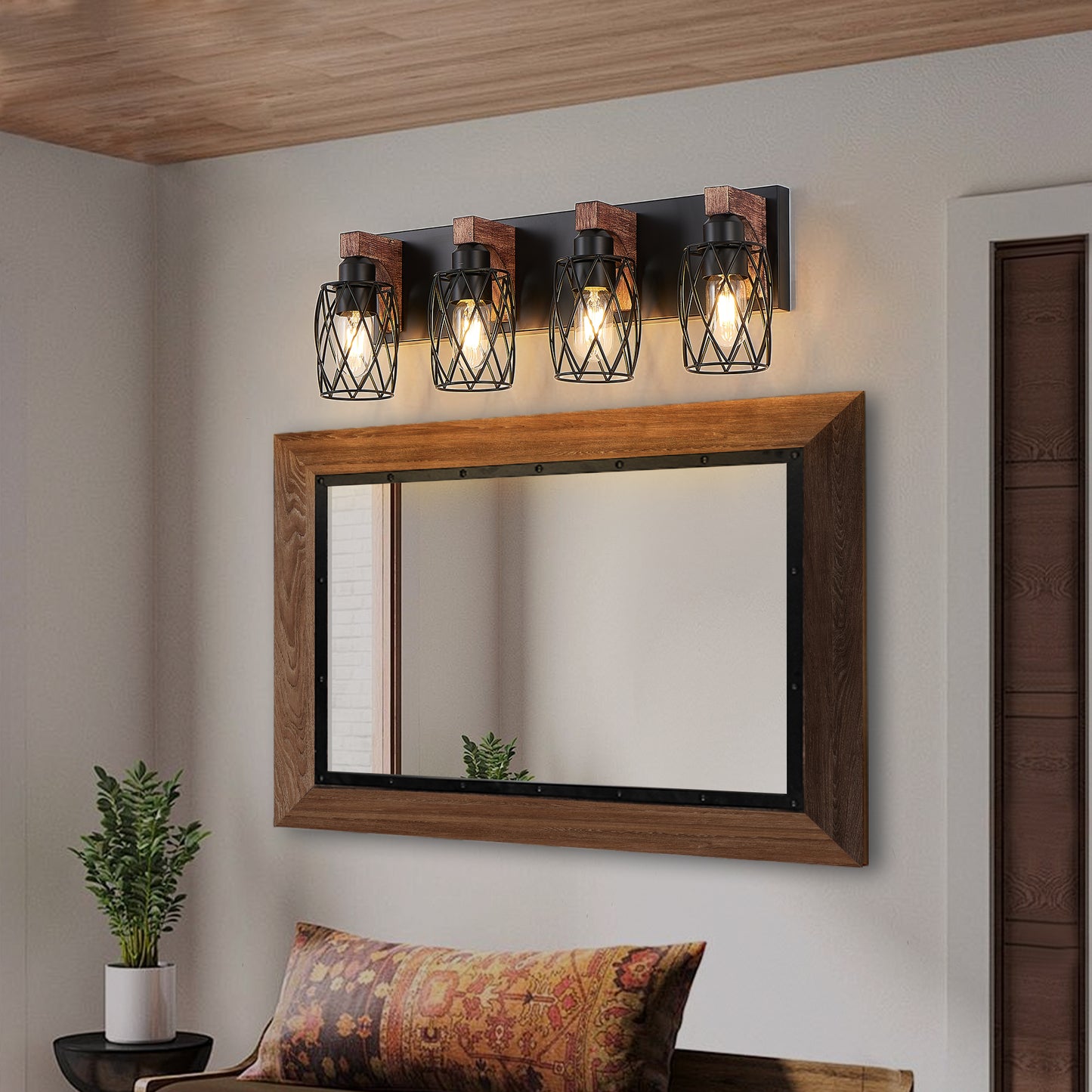 24" 4-Light Black Caged Wall Light with Wood Accents - view 3