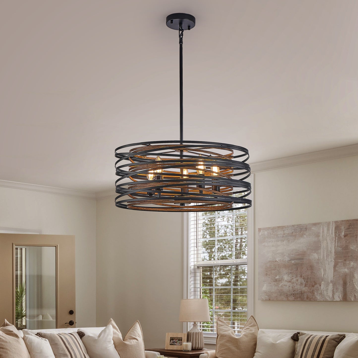 20" 5-Light Black and Walnut Industrial Cage Chandelier - view 2