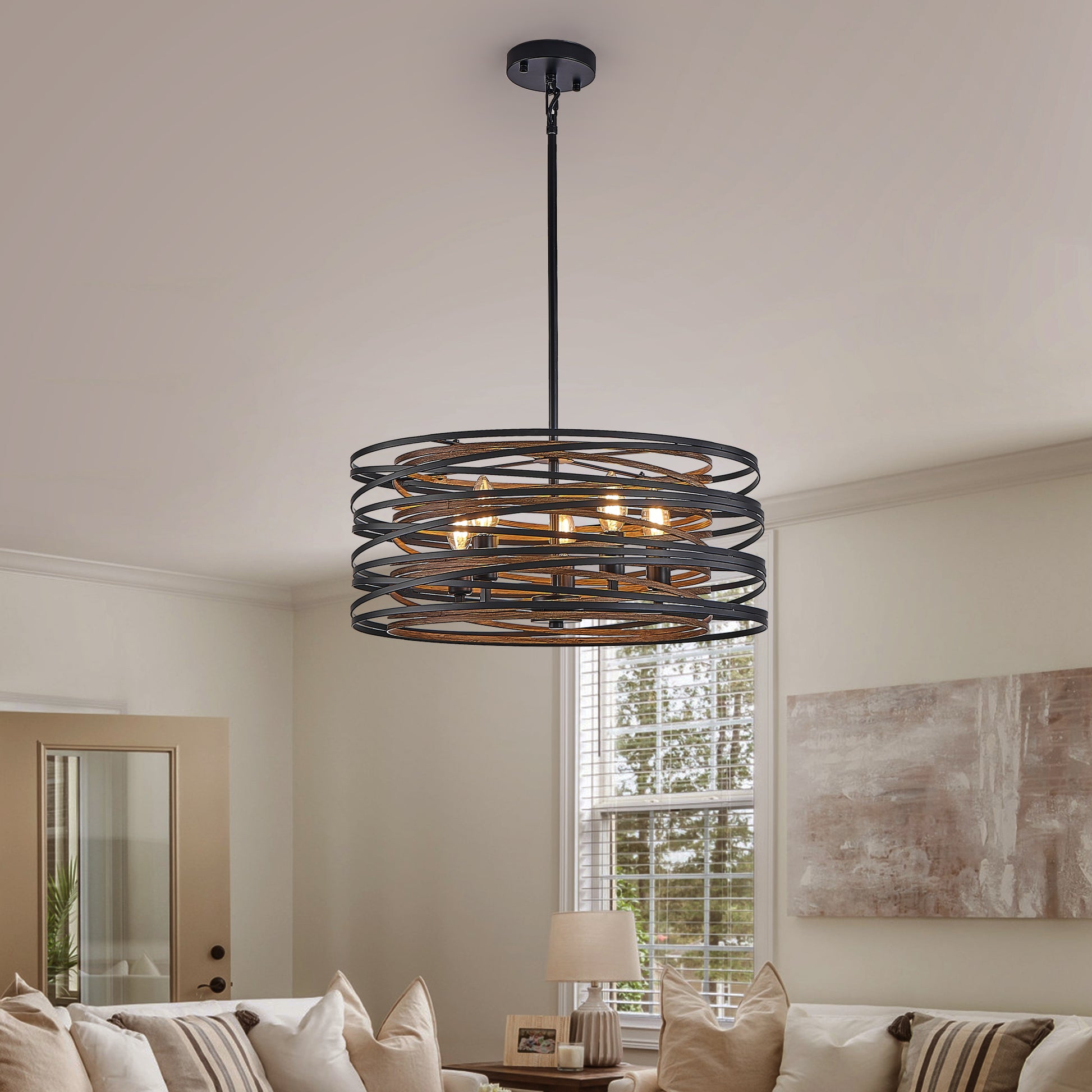 20" 5-Light Black and Walnut Industrial Cage Chandelier - view 2