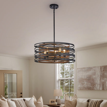 20" 5-Light Black and Walnut Industrial Cage Chandelier - view 2