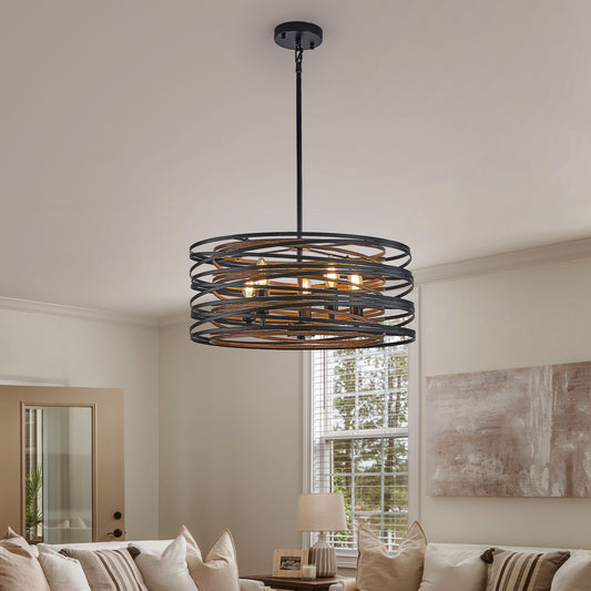 20" 5-Light Black and Walnut Industrial Cage Chandelier - view 2