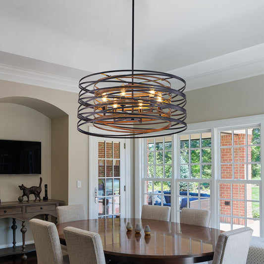 24" 6-Light Black & Walnut Caged Chandelier