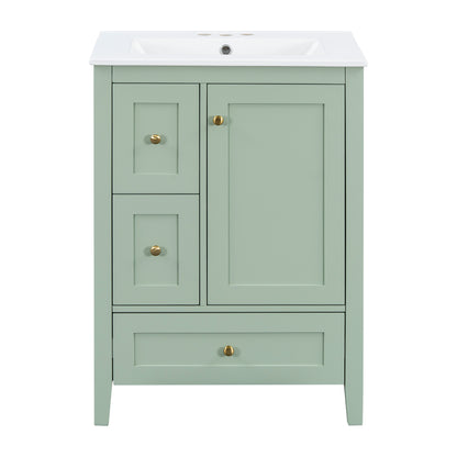 24" Green Bathroom Vanity with Sink, 3 Drawers & Gold Knobs