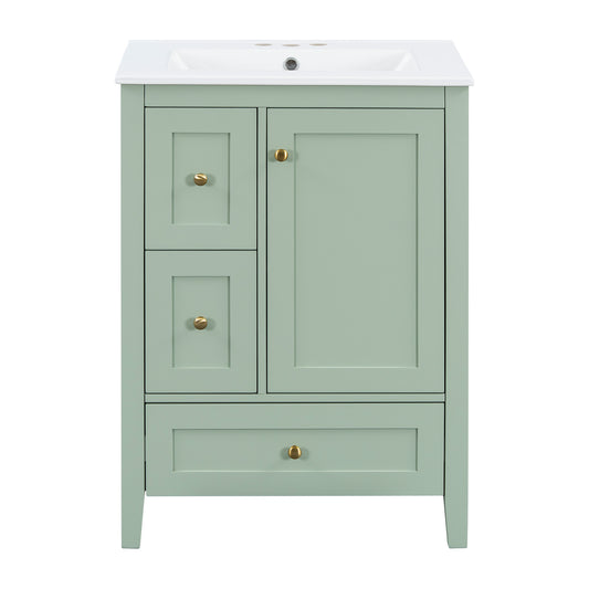 24" Green Bathroom Vanity with Sink, 3 Drawers & Gold Knobs
