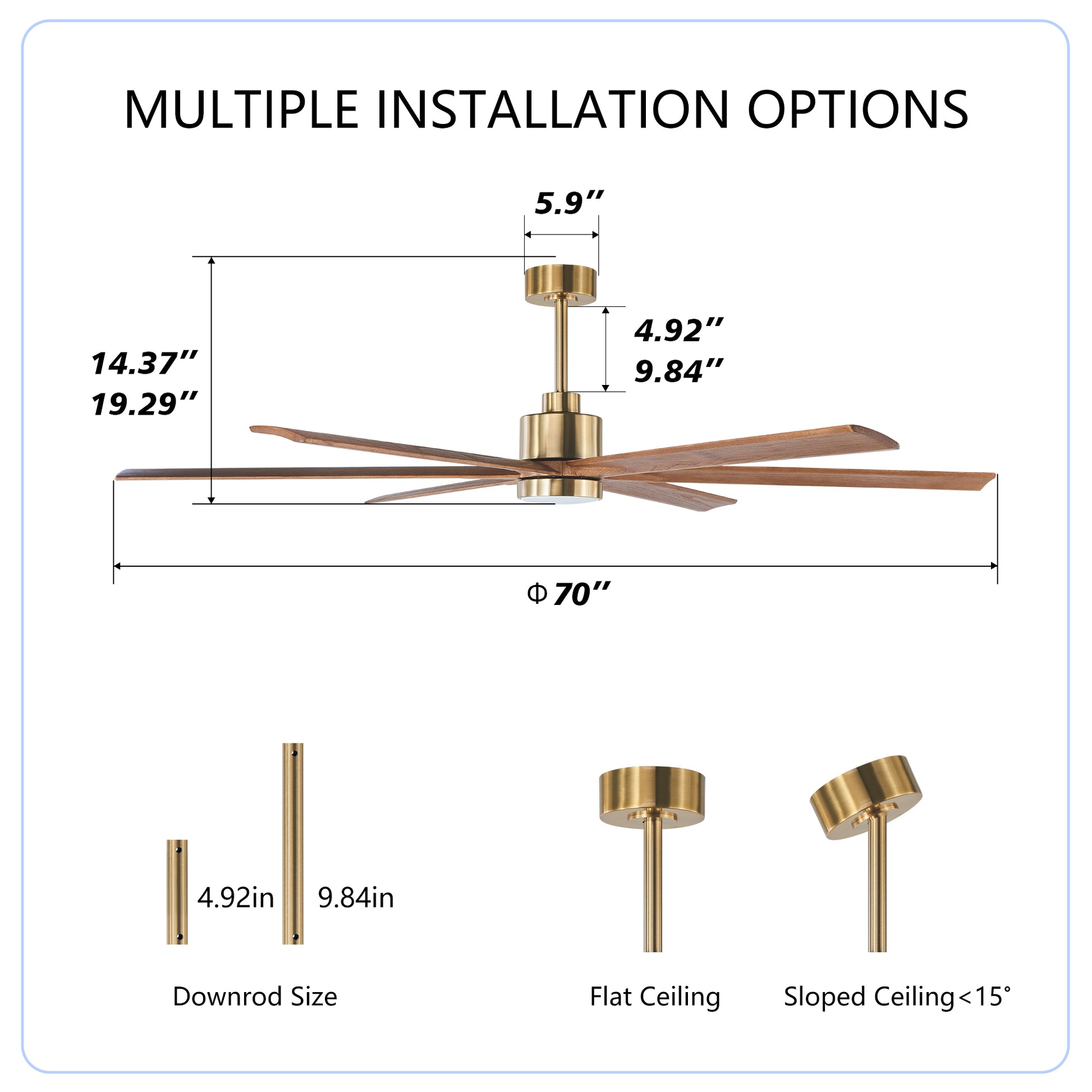 70" Gold & Walnut Solid Wood Ceiling Fan with Light - view 6