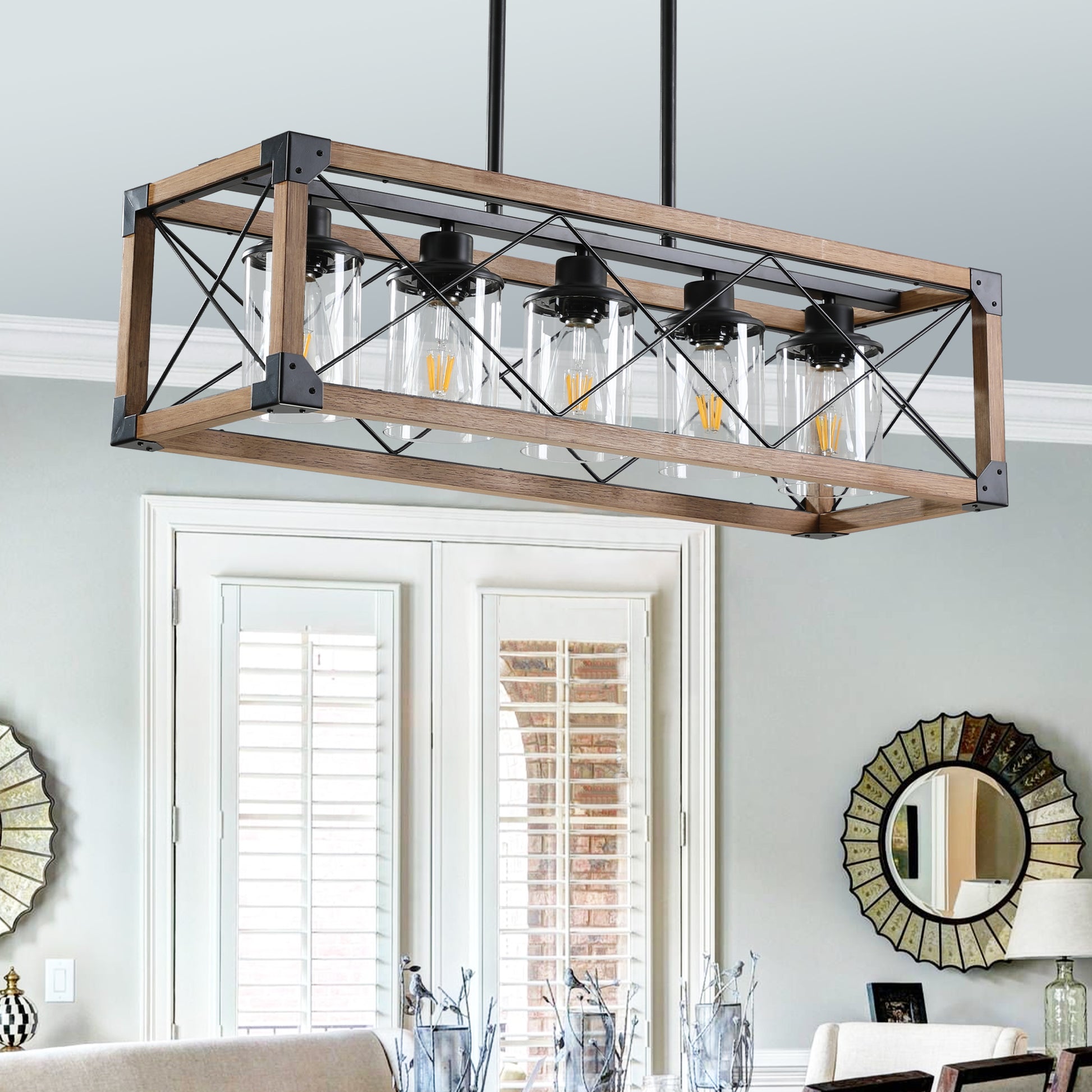 32" 5-Light Walnut Farmhouse Rectangle Chandelier - view 3