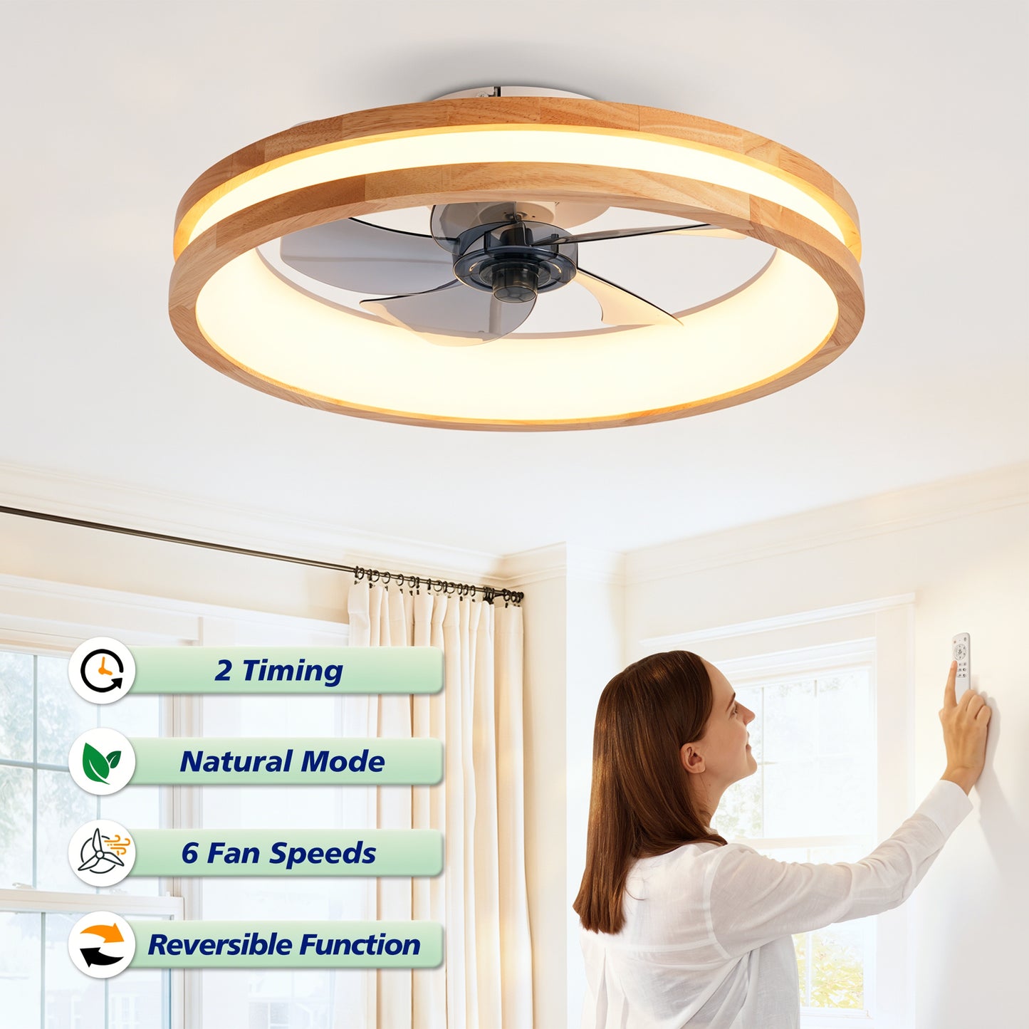 Natural Wood & White Flush Mount Ceiling Fan with Dimmable LED - view 13
