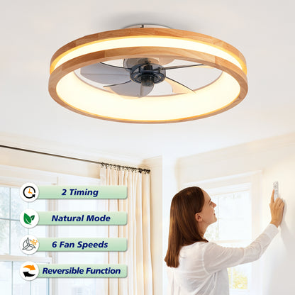 Natural Wood & White Flush Mount Ceiling Fan with Dimmable LED - view 13