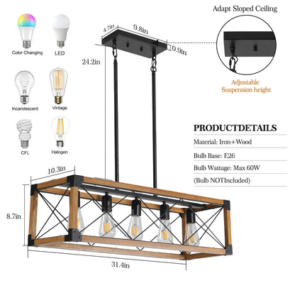 32" 5-Light Walnut Farmhouse Rectangle Chandelier - view 6