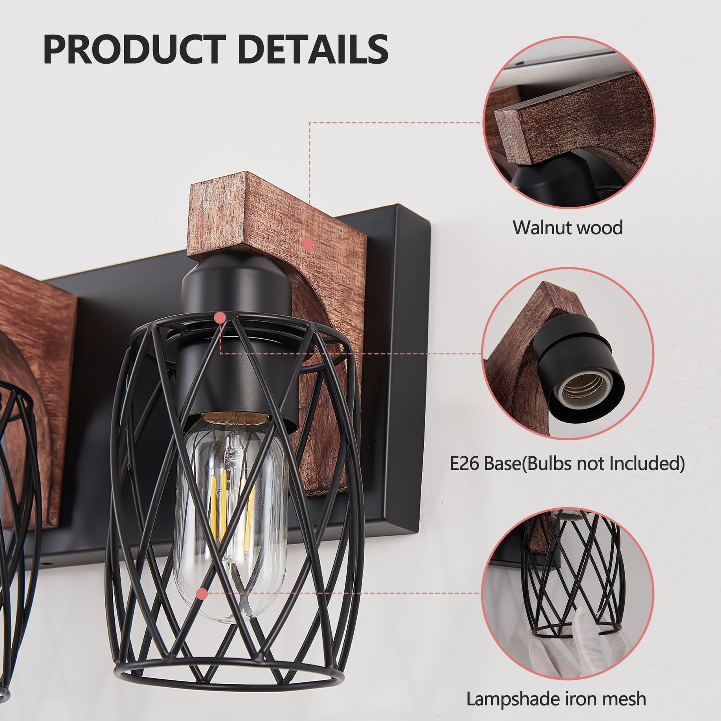 18" 3-Light Black Caged Wall Light with Wood Accents - view 6