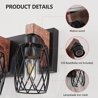 18" 3-Light Black Caged Wall Light with Wood Accents - view 6